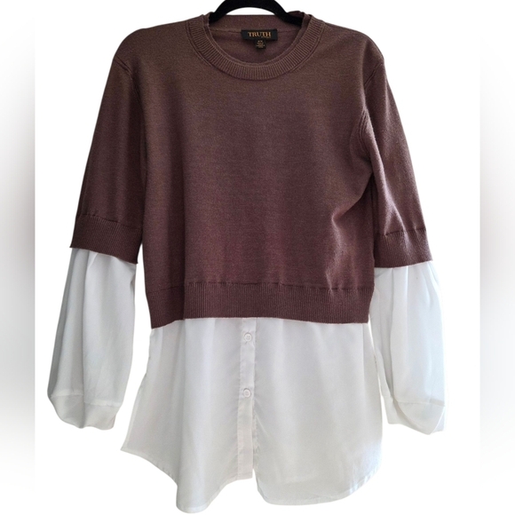 Truth Sweaters - TRUTH Brown Sweater with White Layered Sleeves